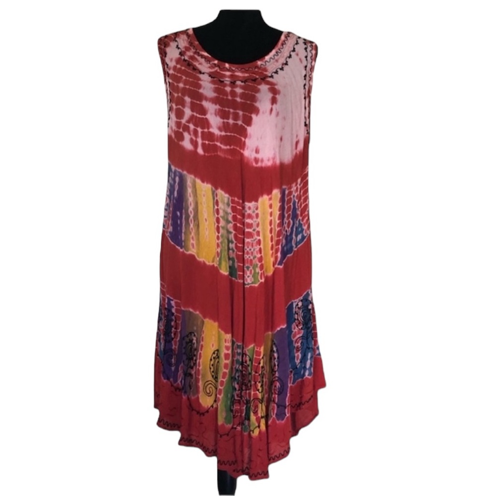 Shoreline tie-dye embroidery sleeveless Aline sundress coverup one size fit most